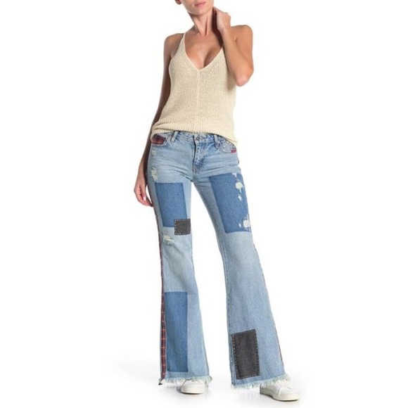 Free People Denim - Free People We The Free Flare plaid patchwork raw hem jeans- 26